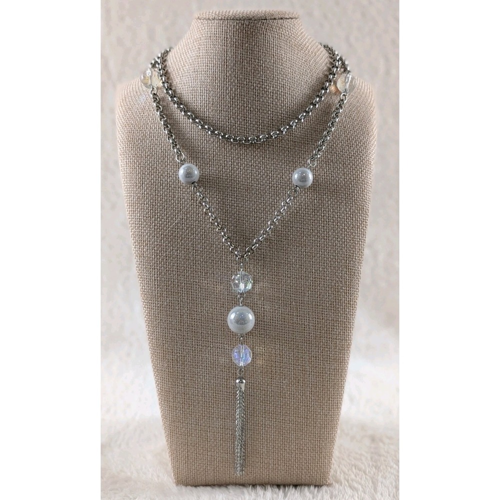 Silver Tone Layered Necklace Gray Faux Pearl Beads Tassel Drop